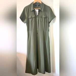 Karl Lagerfeld Green A-Line Midi Dress with Notched Collar, Pockets, Sz 10, NWT
